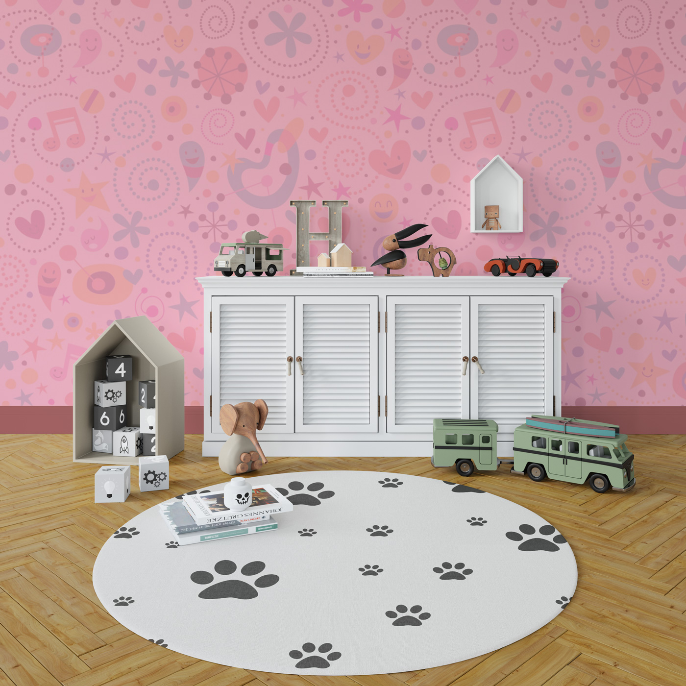 دانلود موکاپ فرش و کاغذ دیواری در اتاق خواب کودک در دو نما و سه طرح